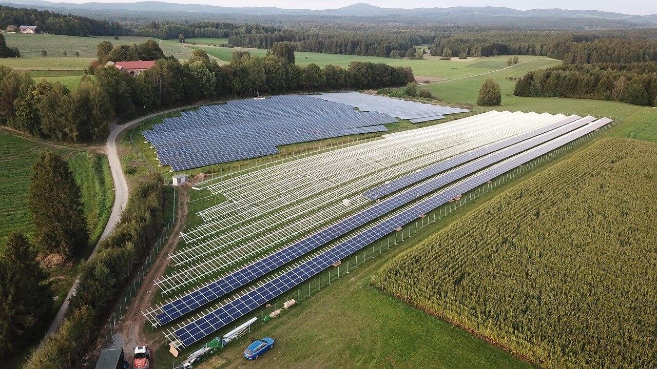 Aerial view of a large solar farm